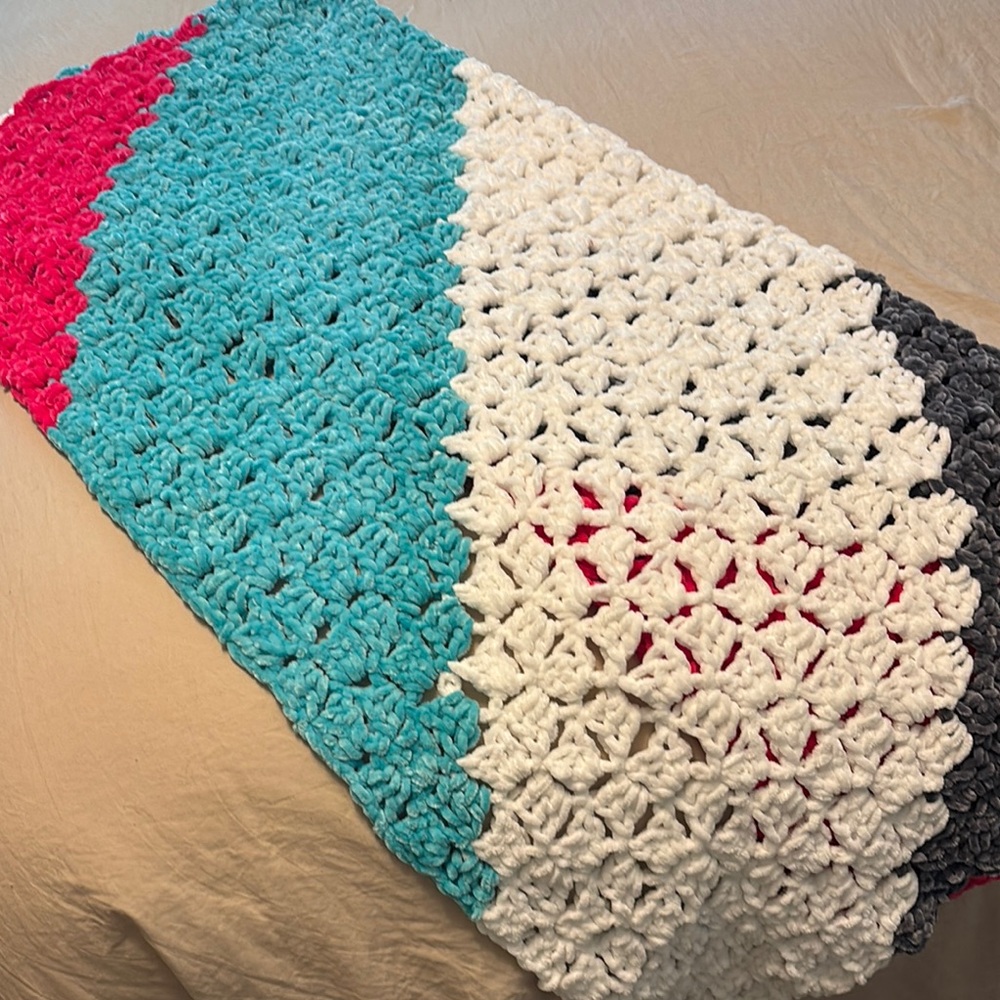 Lewis Knits Hand Crocheted Throw Striped Gray White Pink Teal Blanket